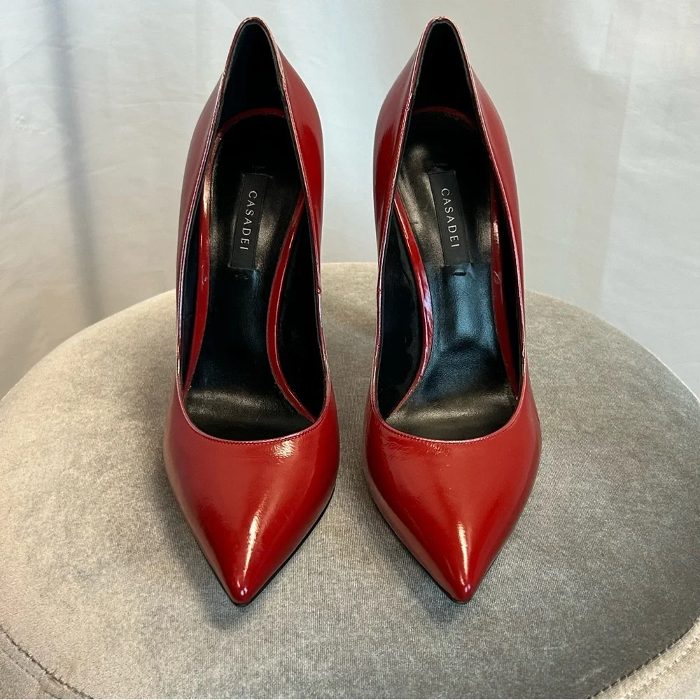Casadei red patent leather high heel pumps with acrylic blade heel Sz 40 NWOB - Picture 4 of 9